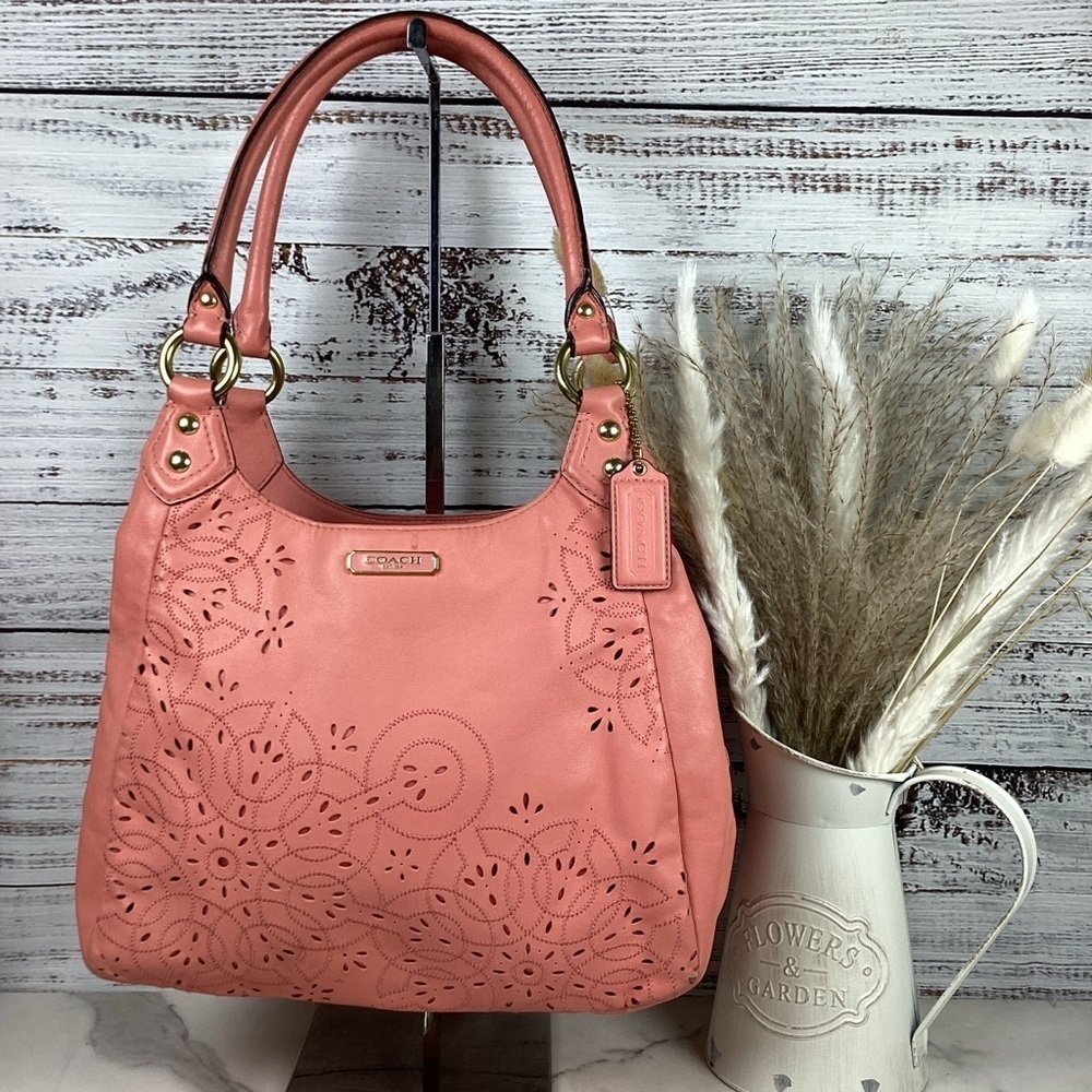 COACH 22485 VINTAGE ASHLEY TOSSED LASER CUT LEATHER SHOULDER BAG PINK CORAL HOB - Picture 3 of 16